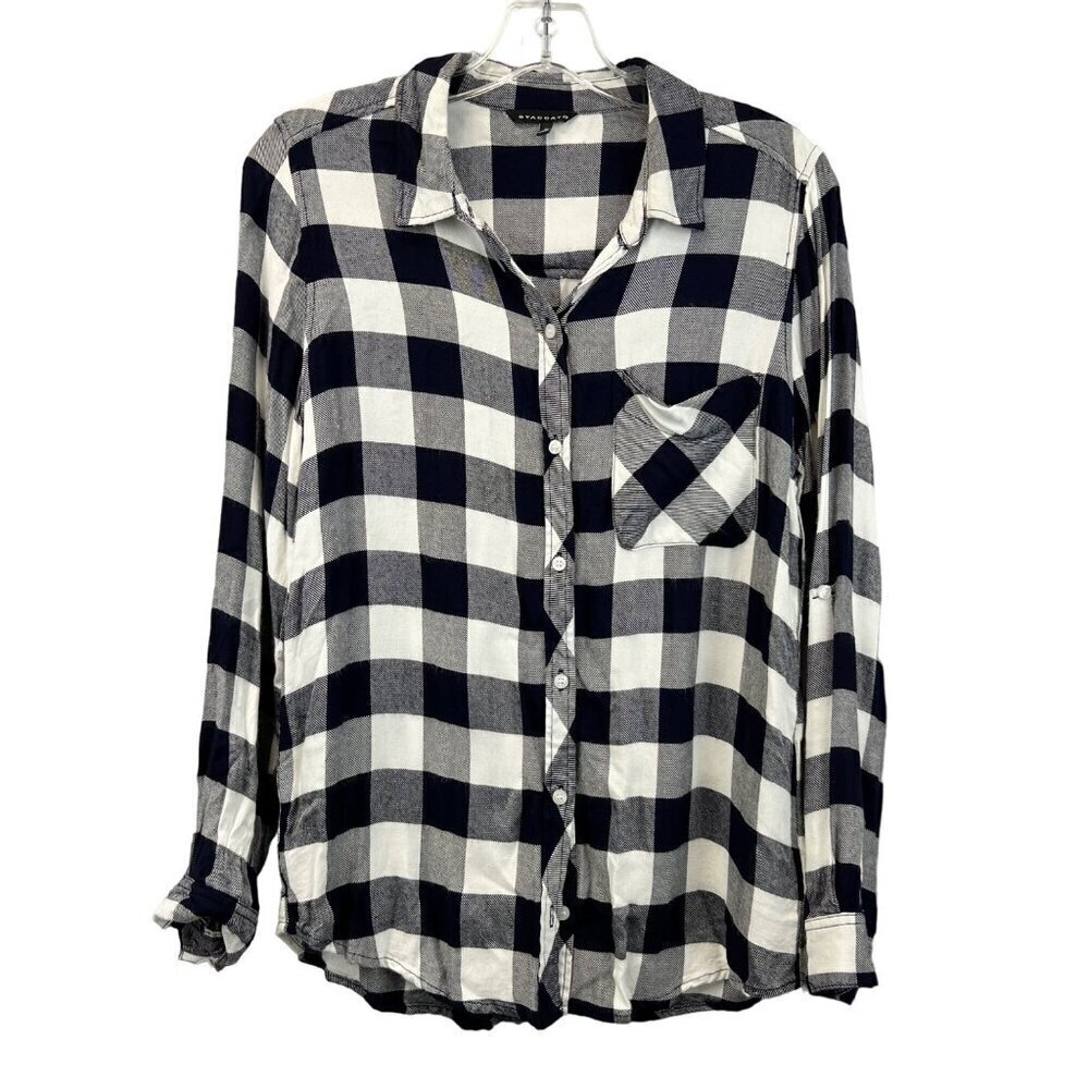 Staccato Women’s Long Roll Tab Sleeve Button Down Top Navy/White Check S